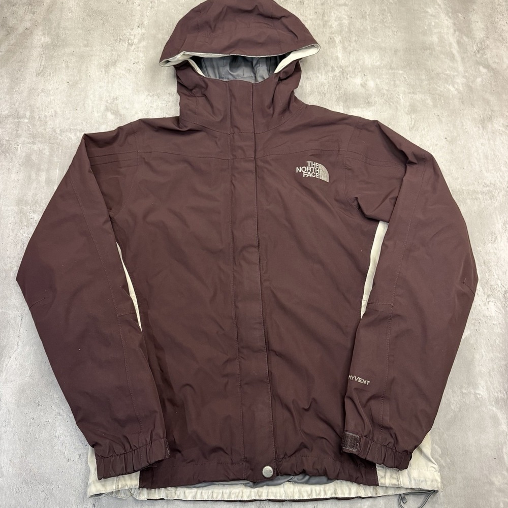 The North Face HyVent Rain Jacket Womens Small White Burgundy Colorblock Hooded